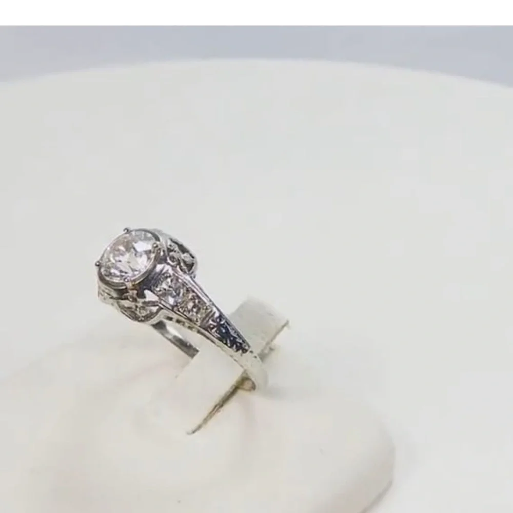 Art Deco 97ct 1920s Antique Old European Cut Diamond 18k white gold ring estate - Picture 8 of 14